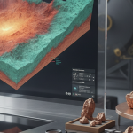 Geologisches 3D-Modell einer Kupfer-Porphyrlagerstätte auf einem Computerbildschirm mit Gesteinsproben