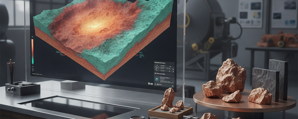 Geologisches 3D-Modell einer Kupfer-Porphyrlagerstätte auf einem Computerbildschirm mit Gesteinsproben