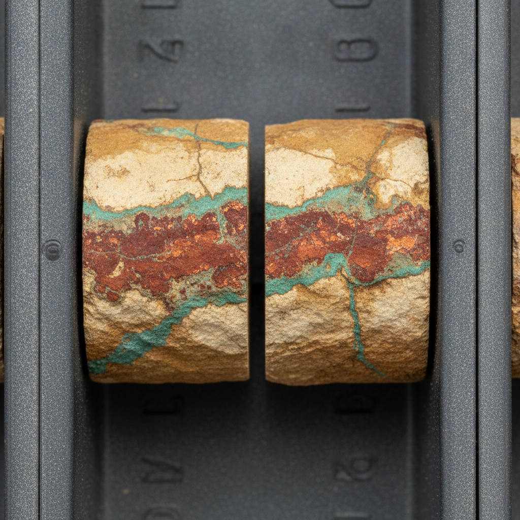 Bohrkern mit rötlicher Kupfermineralisation und blaugrüner Malachit-Patina in ockerfarbenem Wirtsgestein