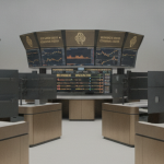 Börsenterminal mit Gold-Sektor-Tickerdaten in gedämpften Gold- und Grautönen