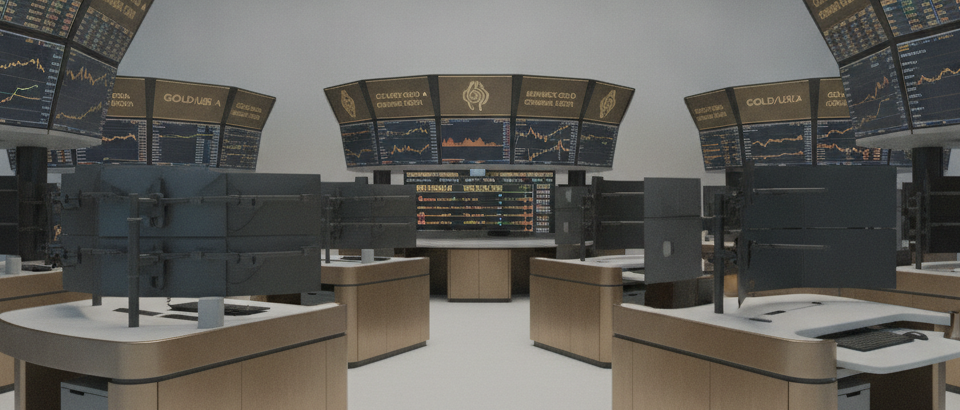Börsenterminal mit Gold-Sektor-Tickerdaten in gedämpften Gold- und Grautönen