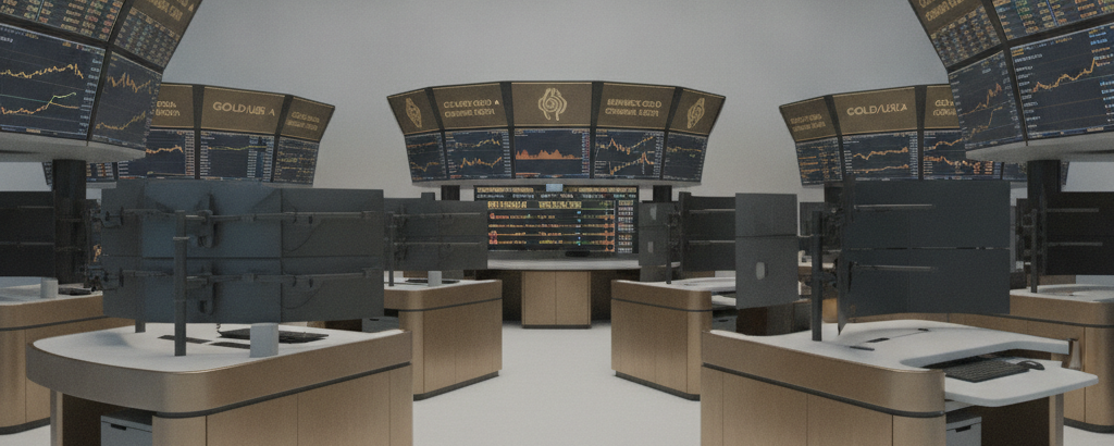 Börsenterminal mit Gold-Sektor-Tickerdaten in gedämpften Gold- und Grautönen