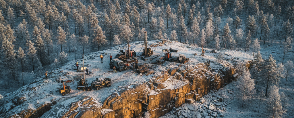 Luftaufnahme einer arktischen Landschaft in Lappland mit geologischer Feldarbeit an einem Felsaufschluss