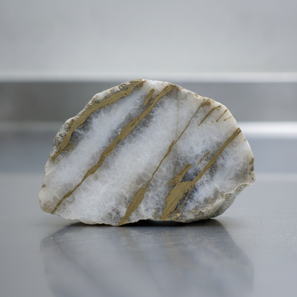 Polished quartz vein with gold mineralization on a gray laboratory table under cool light