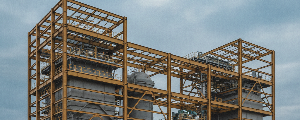 Lithium-Verarbeitungsanlage im Bau mit Stahlstruktur vor bewölktem Himmel