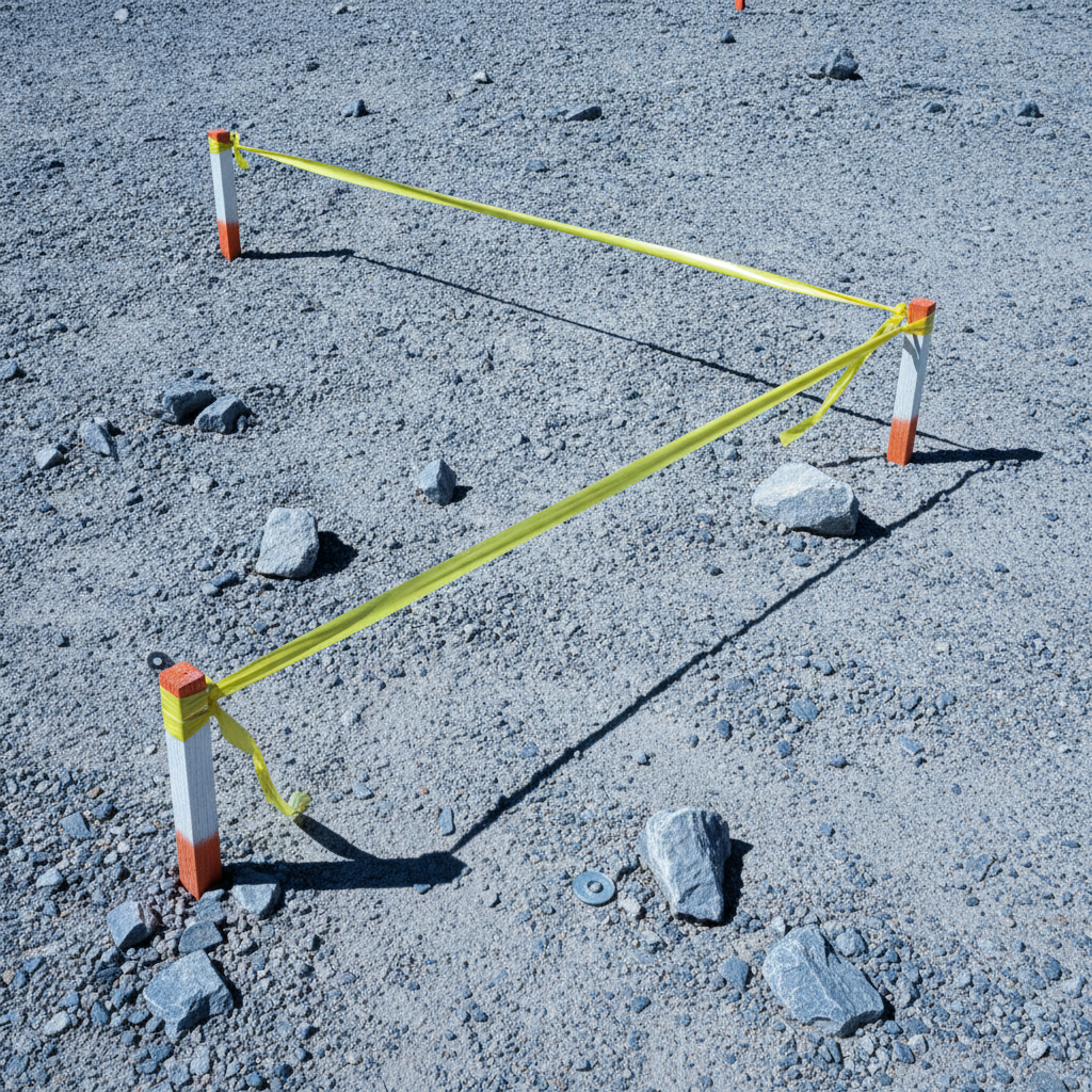 Survey stakes with flagging tape on rocky desert ground