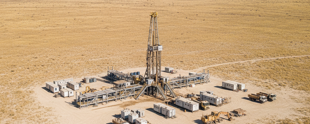 Bohranlage auf afrikanischer Savanne bei Tageslicht – frühes Lithium-Explorationsprojekt