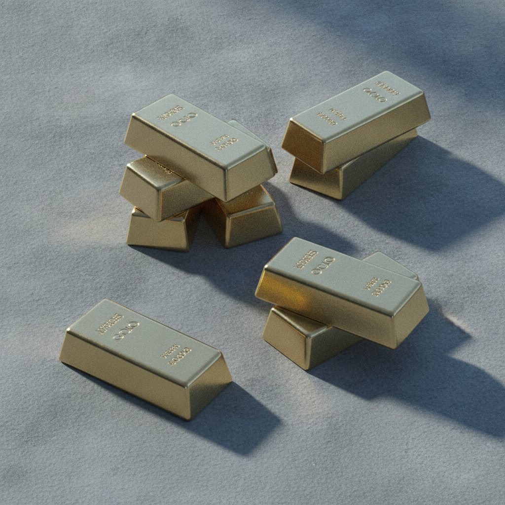 Polished gold bars on a gray stone surface with cool blue shading