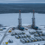 Luftaufnahme eines Uran-Explorationscamps im Athabasca Basin mit Bohrturm und Ausrüstungscontainern unter bewölktem Himm