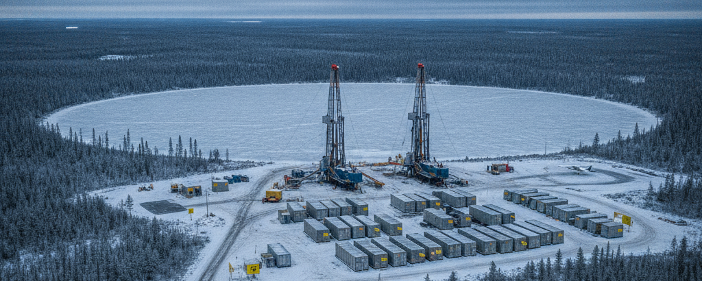 Luftaufnahme eines Uran-Explorationscamps im Athabasca Basin mit Bohrturm und Ausrüstungscontainern unter bewölktem Himm