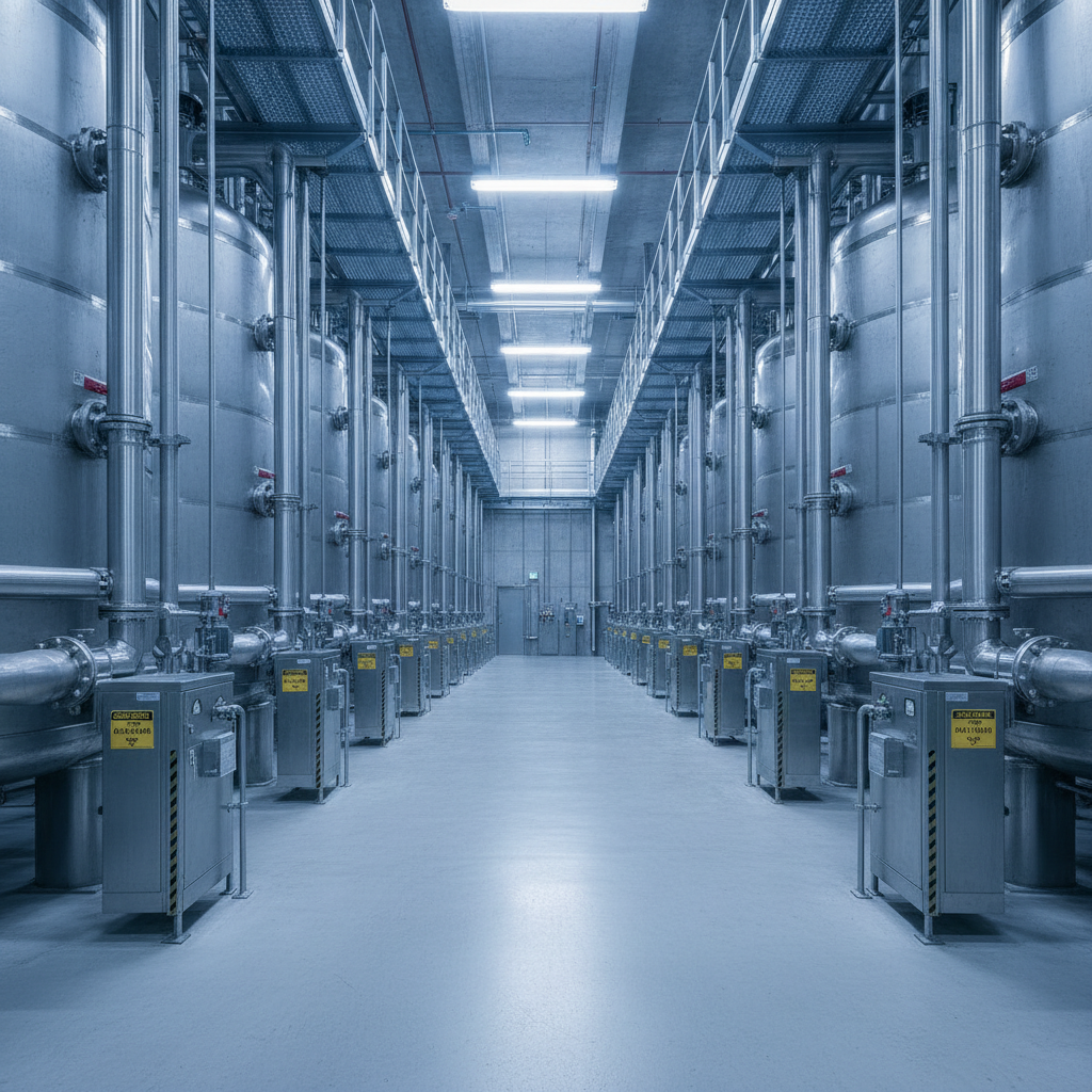 Innenansicht einer Uranmühle mit Edelstahltanks und Rohrsystemen unter kühlem Industrielicht