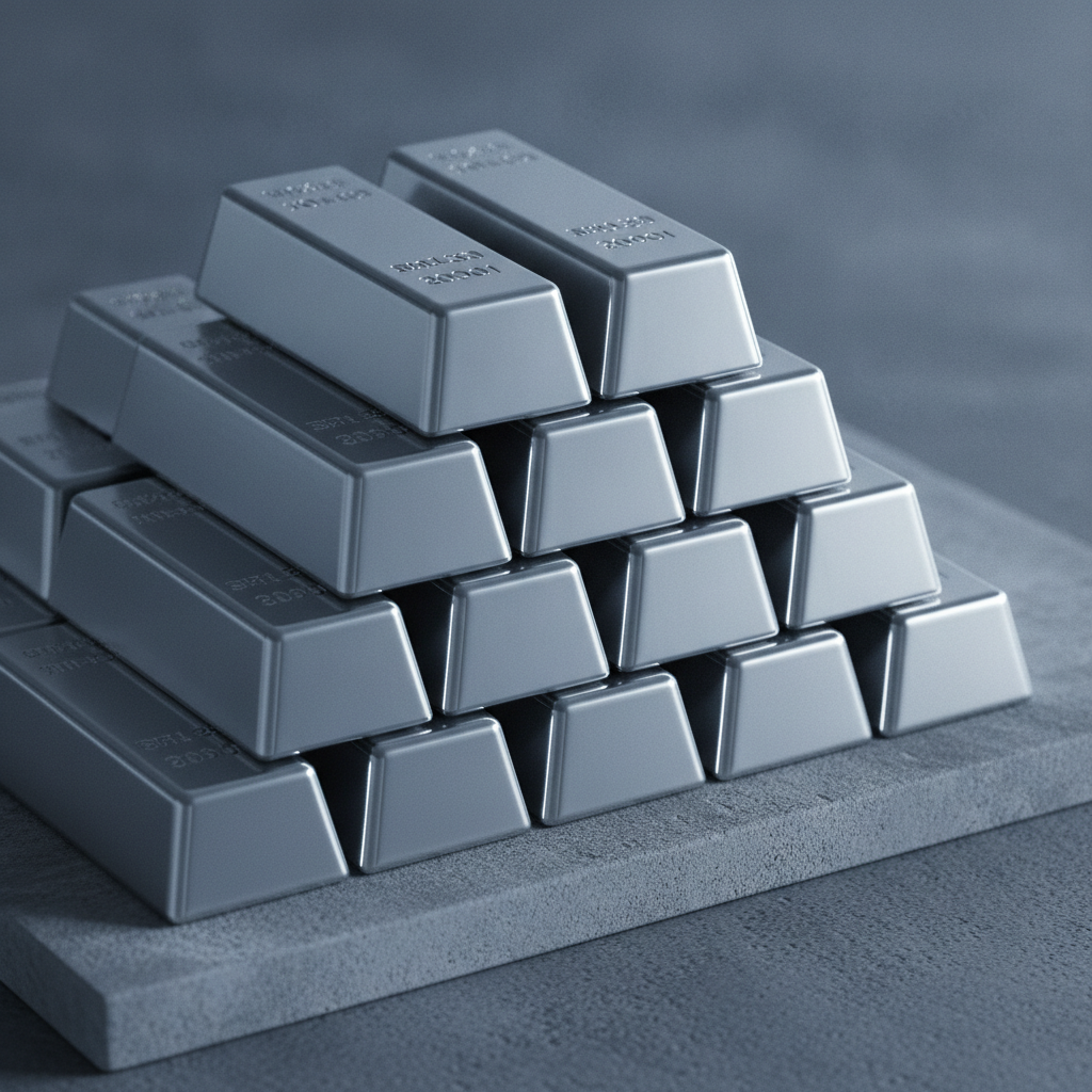 Stacked silver bars with cool reflections on a gray concrete surface