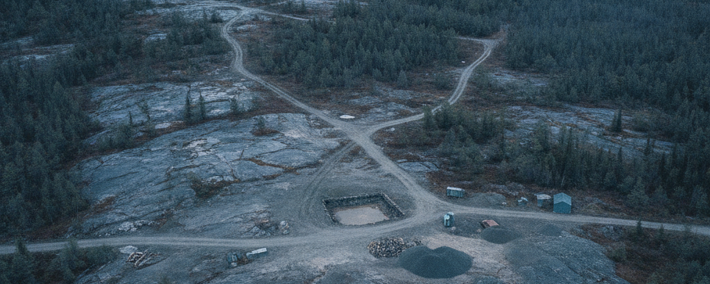 Luftaufnahme eines abgelegenen Explorationsgebiets im nördlichen Kanada mit freistehendem Grundgestein unter bewölktem H