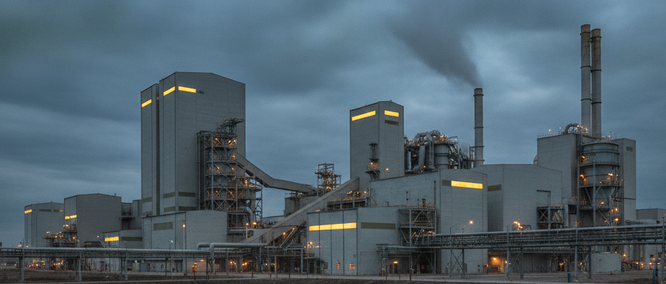 Uranverarbeitungsanlage unter grauem Industriehimmel mit stahlblauer und betongrauer Farbgebung