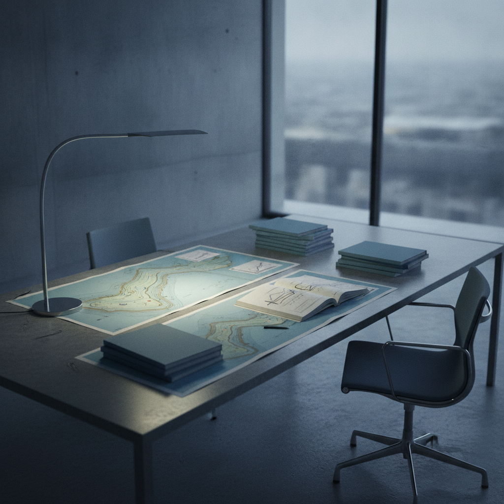 Geological maps and technical reports on a work table under cool lamp light