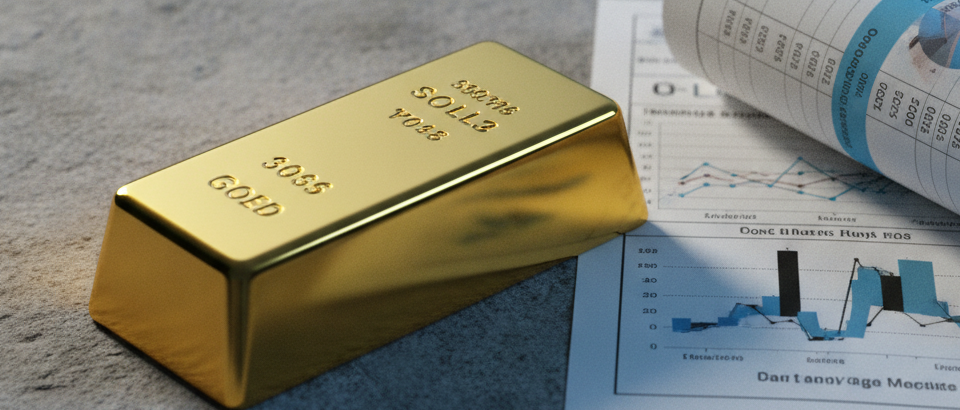 Goldbarren auf grauer Steinoberfläche neben Finanzdaten – Symbol für Goldmarkt und Zentralbankpolitik