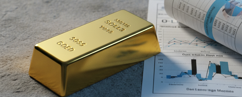 Goldbarren auf grauer Steinoberfläche neben Finanzdaten – Symbol für Goldmarkt und Zentralbankpolitik