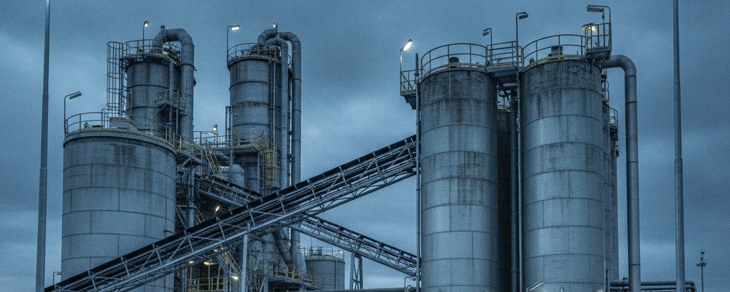 Uranmühle von außen unter bedecktem Himmel – industrielle Stahlblau- und Betongrau-Palette
