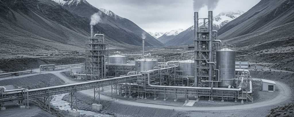 Silberverarbeitungsanlage in den Anden unter bedecktem Himmel – Polymetall-Exploration in Peru