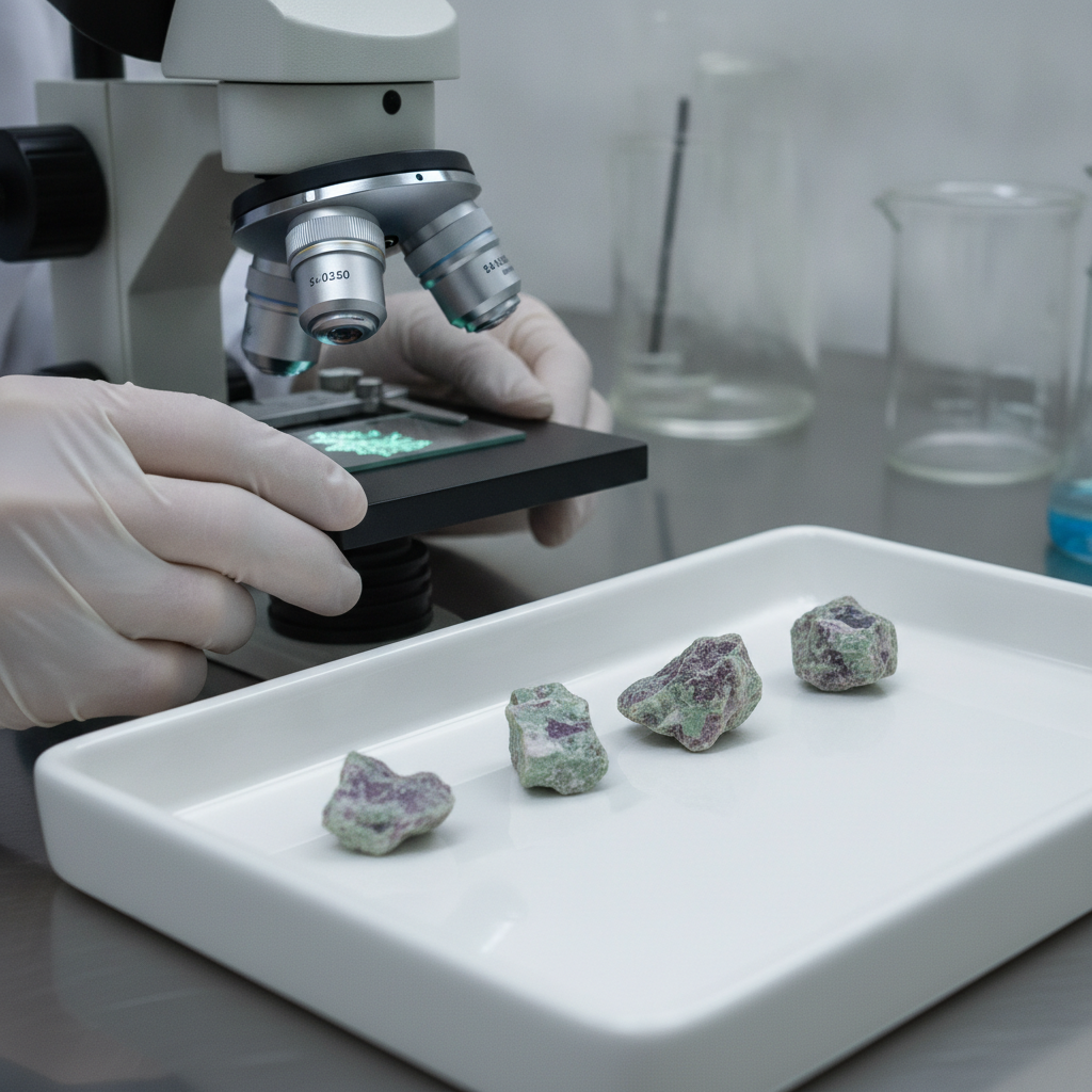 Mineraloge untersucht Seltene-Erden-Erzproben unter dem Labormikroskop