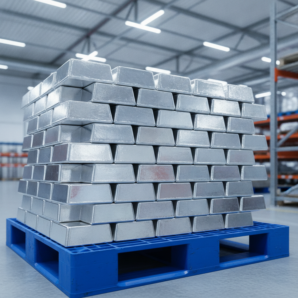 Stacked polished silver bars on a logistics pallet under cool warehouse lighting