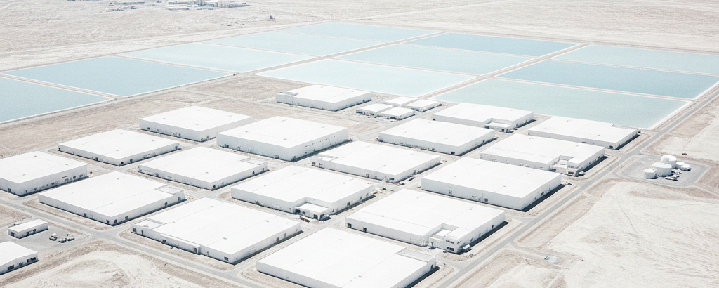 Luftaufnahme einer modernen Lithium-Verarbeitungsanlage in trockener Landschaft mit weißen Industriegebäuden