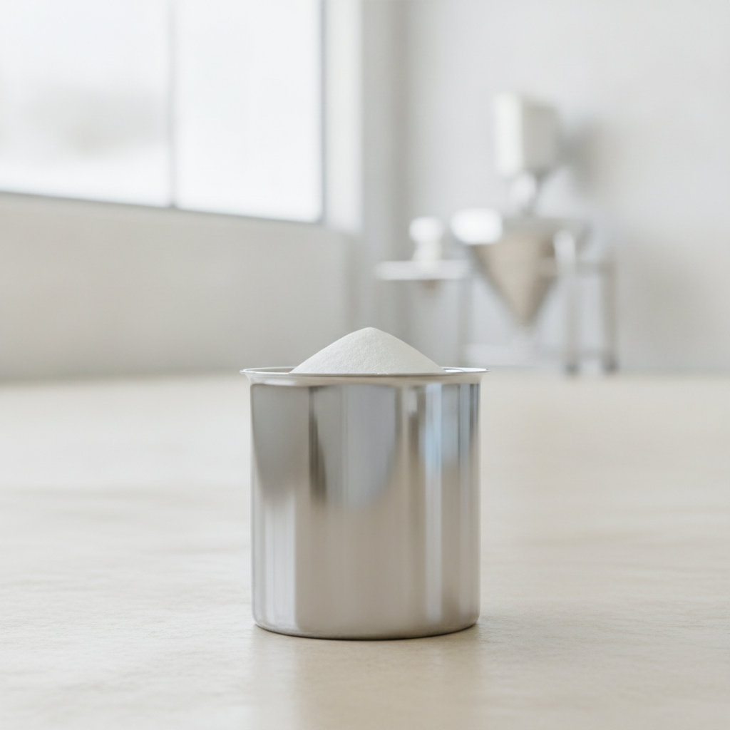 Lithium carbonate powder in an industrial container against a bright background