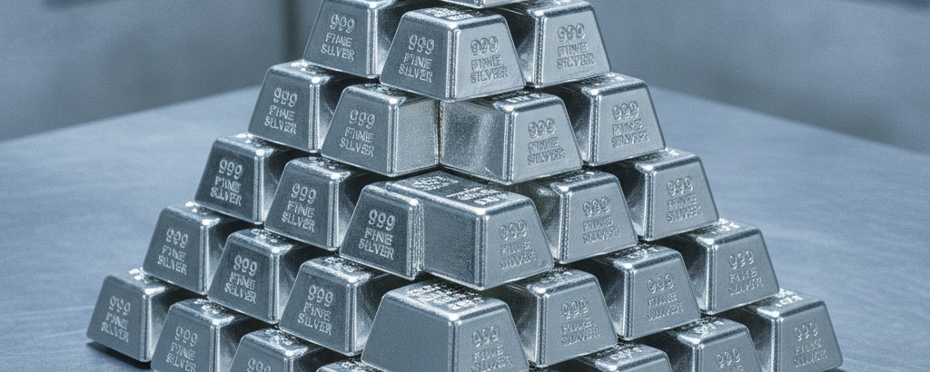 Gestapelte Silberbarren auf gebürstetem Stahl – Symbol für ETF-Kapitalflüsse in Edelmetalle