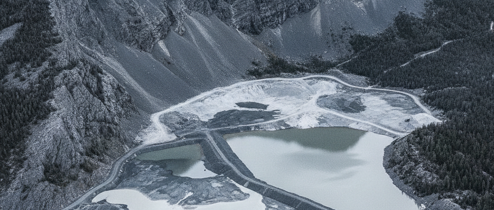 Historische Tailings-Halde eines Silberbergwerks in Kanada aus der Vogelperspektive
