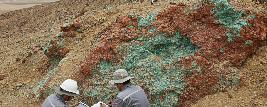 Geologen kartieren einen Kupfer-Aufschluss mit sichtbarer Malachit-Patina an der Gesteinsformation