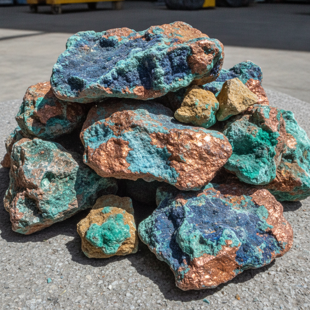 Kupfererz-Proben mit blau-grüner Oxidation und rötlich-orangem Metallglanz auf einem Feldtisch