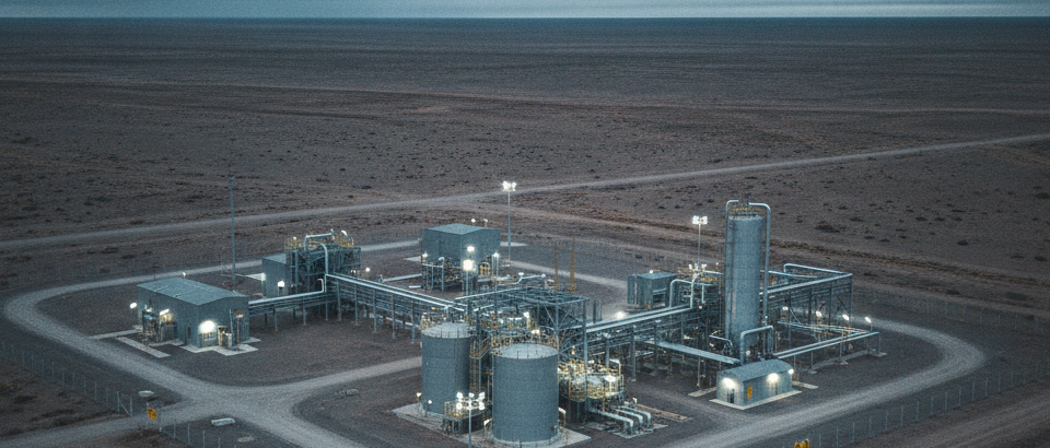 Abgelegene Uranverarbeitungsanlage in patagonischer Wüstenlandschaft unter stahlblauem Himmel