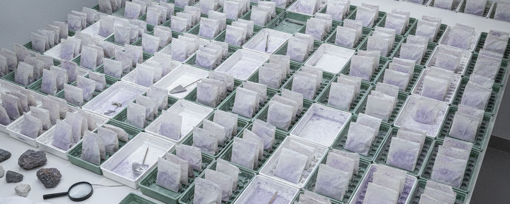 Systematisch angeordnete Bodenproben-Behälter auf einem Feldarbeitstisch mit mineralischen Rückständen