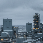 Uranaufbereitungsanlage in Saskatchewan unter bedecktem Himmel, industrielle Stahlrohre und Förderbänder in Blaugrau-Tön