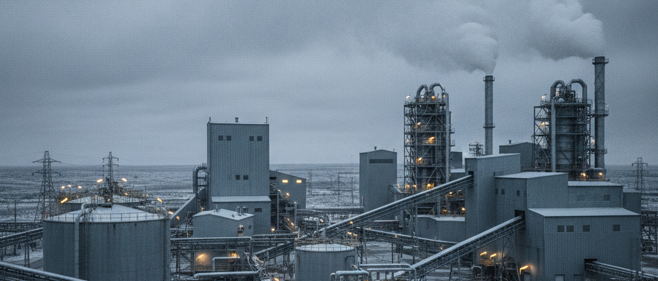 Uranaufbereitungsanlage in Saskatchewan unter bedecktem Himmel, industrielle Stahlrohre und Förderbänder in Blaugrau-Tön
