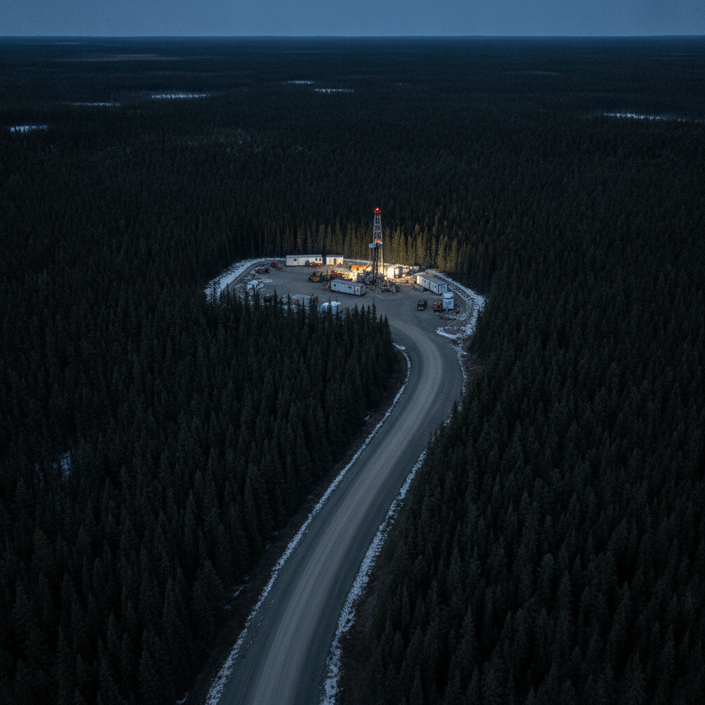 Luftaufnahme eines Bohrlagerplatzes im Athabasca-Becken mit Zufahrtsstraße durch borealen Wald