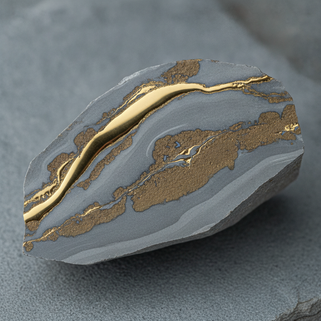 Polished quartz vein with gold traces on gray rock — geological detail image
