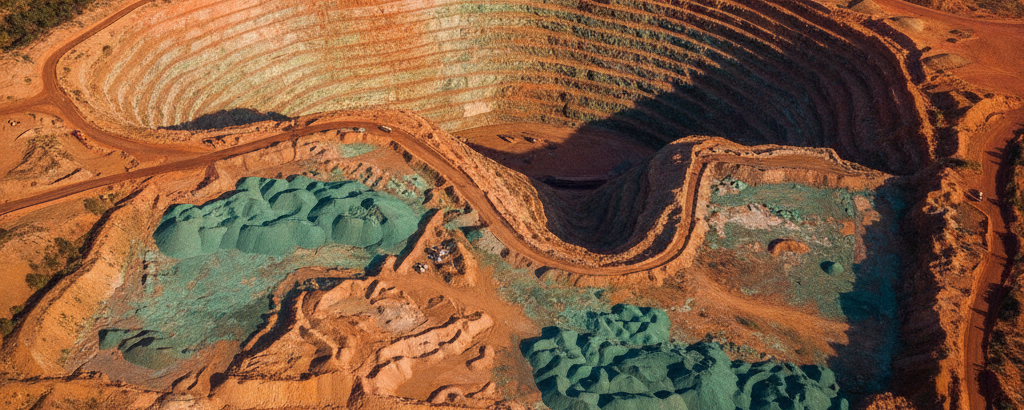 Luftaufnahme eines Kupfer-Reviers in Westaustralien mit rötlich-orangen Gesteinsformationen und blaugrüner Oxidationspat