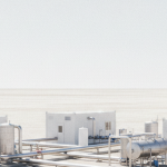 Lithium-Sole-Verarbeitungsanlage in arider Landschaft mit hellen Industriemodulen unter blauem Himmel