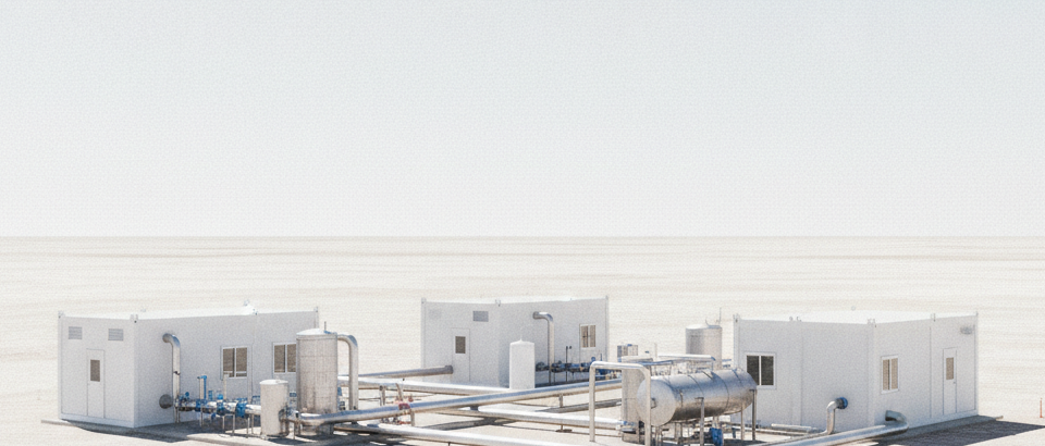 Lithium-Sole-Verarbeitungsanlage in arider Landschaft mit hellen Industriemodulen unter blauem Himmel