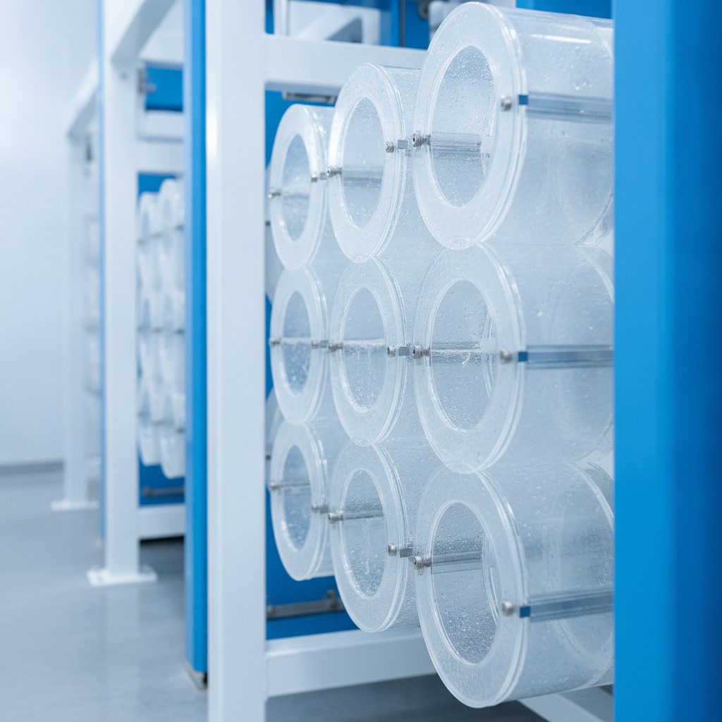 Lithiumsole fließt durch transparente Filtrationsmembranen in einer Verarbeitungsanlage