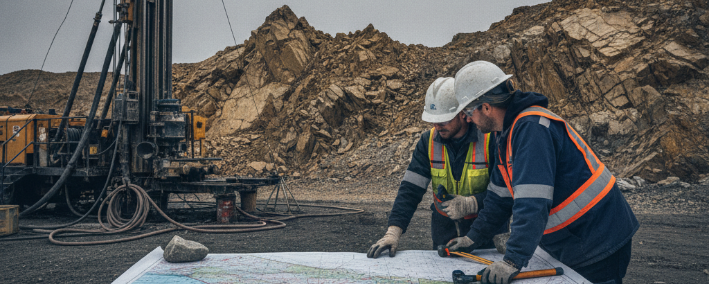 Geologen analysieren Kartenmaterial an einem Bohransatz im Goldrevier – symbolisch für Earn-in-Partnerschaften