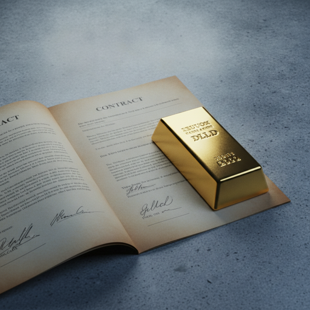 Unterzeichneter Vertrag neben Goldbarren auf grauem Untergrund – Earn-in als Finanzierungsmodell