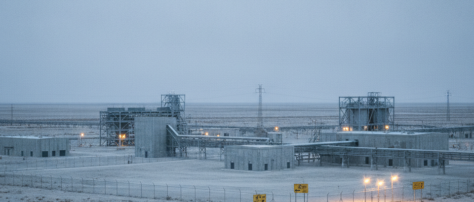 Uranverarbeitungsanlage in Wüstenlandschaft unter bewölktem Himmel, Stahl-blau und Betongrau