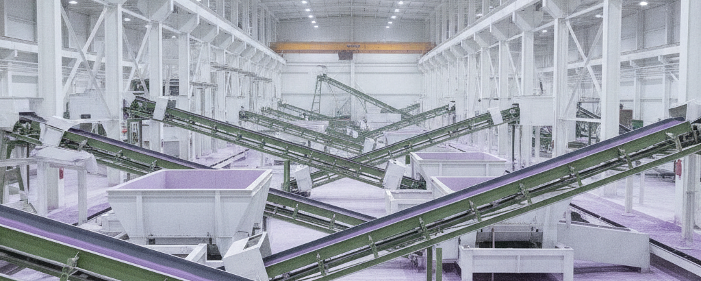 Industrielle Flussspat-Aufbereitungsanlage mit violettem Mineralpulver und weißen Strukturelementen