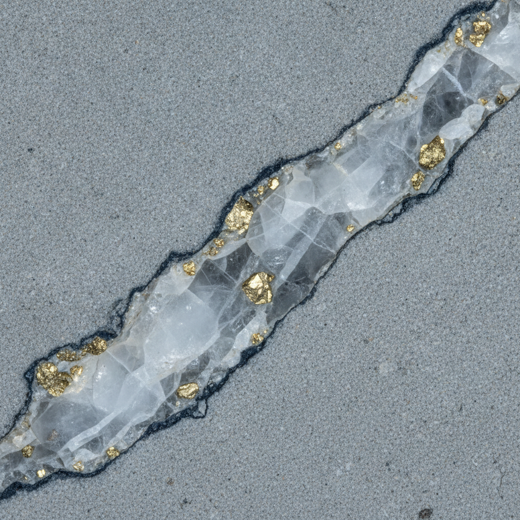 Geologischer Aufschluss mit Quarzgang und Goldmineralisierung in kühlen Blau-Grau-Tönen