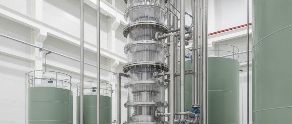 Seltenerd-Extraktionsanlage mit grünen Chemikalienbehältern und violetten Oxidrückständen