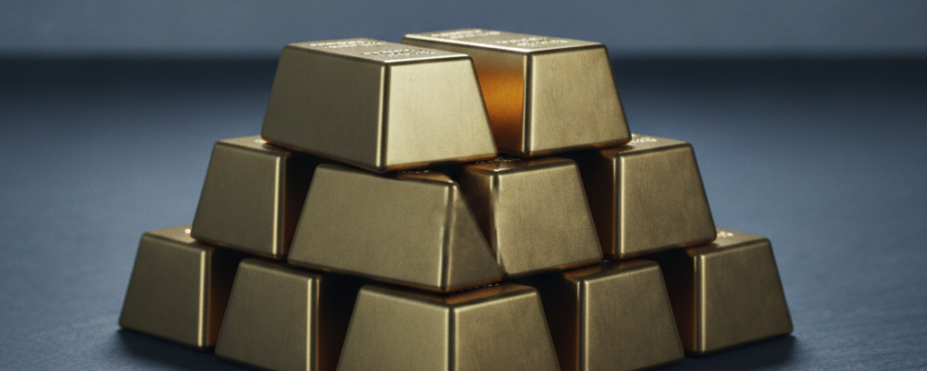 Polierte Goldbarren auf kühler Schieferfläche – Symbol für strukturell verändertes Goldpreis-Umfeld