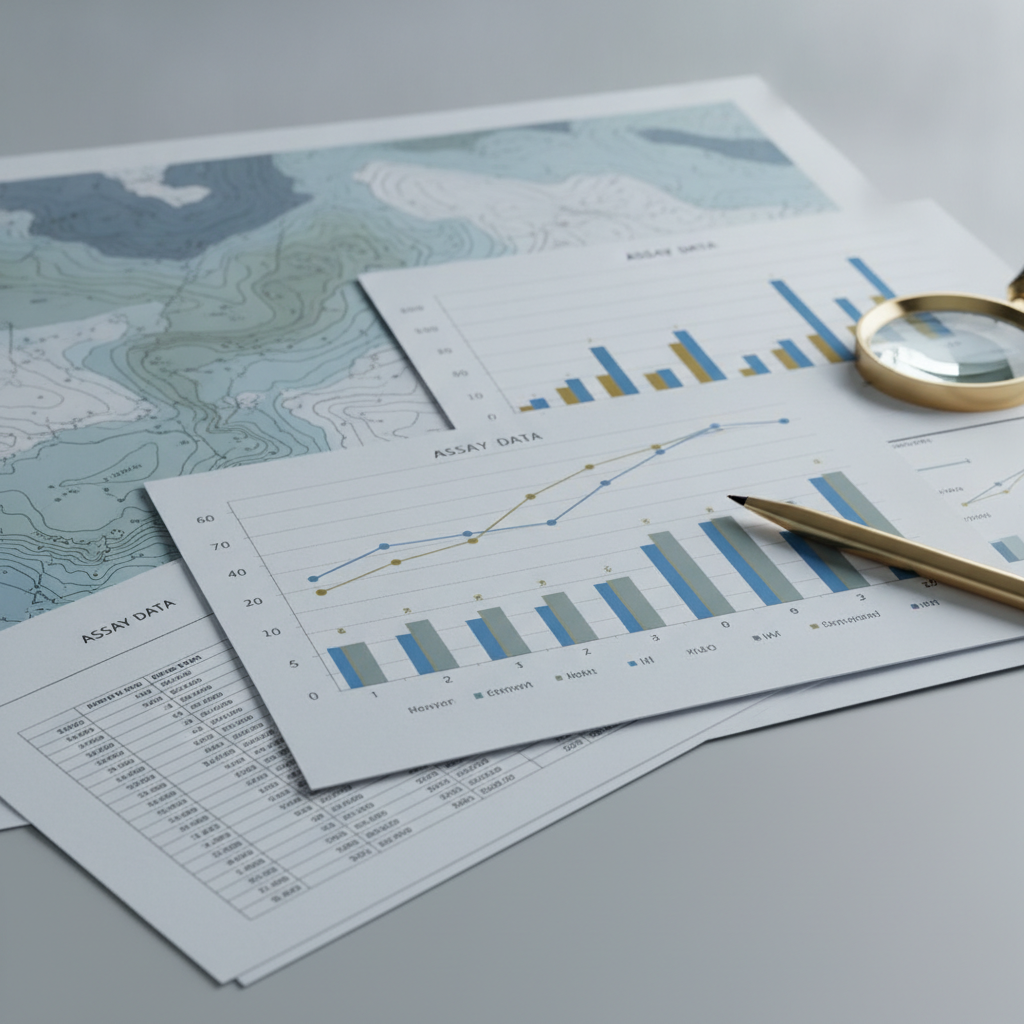 Geological map and technical reports on a gray desk – analysis of a gold explorer