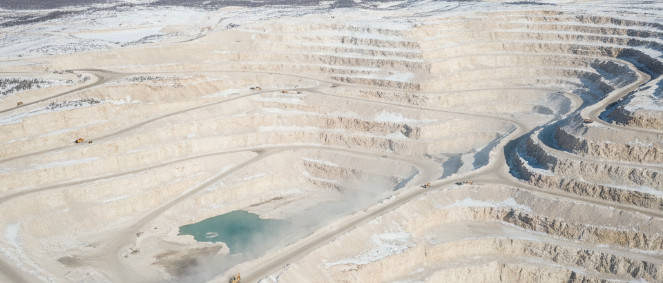 Luftaufnahme eines Lithium-Hartgesteinsabbaus in Kanada bei klarem Tageslicht